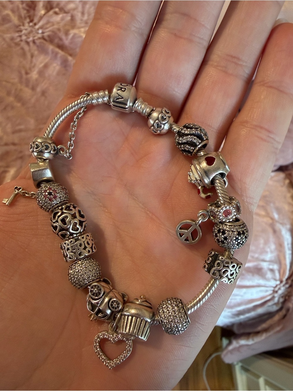 Pandora Silver Charm Bracelet Full of Charms, Safety Clasps, and Safety Chain